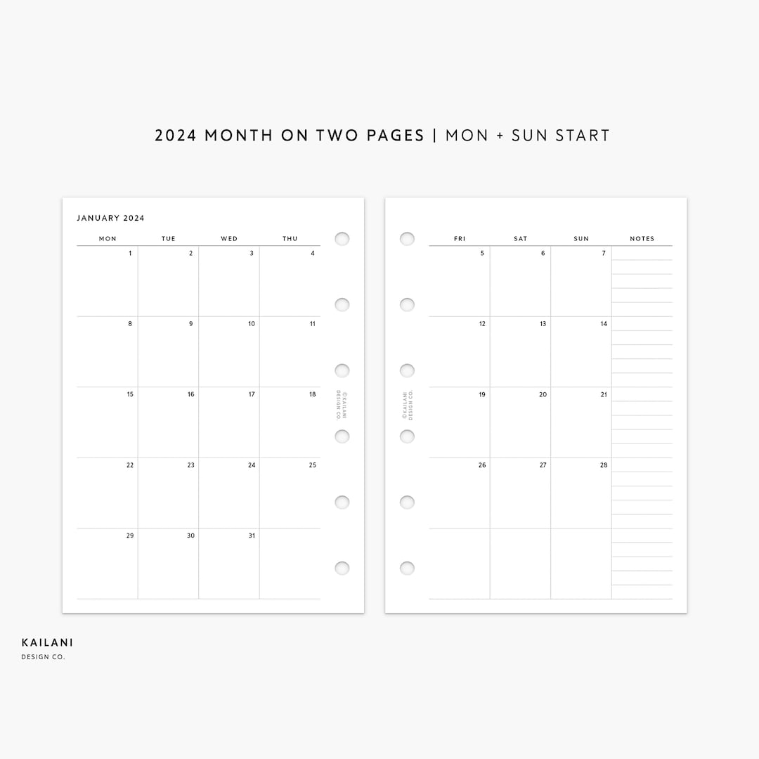 Pocket Monthly Planner Printable, 2024 Monthly, Month on Two Pages