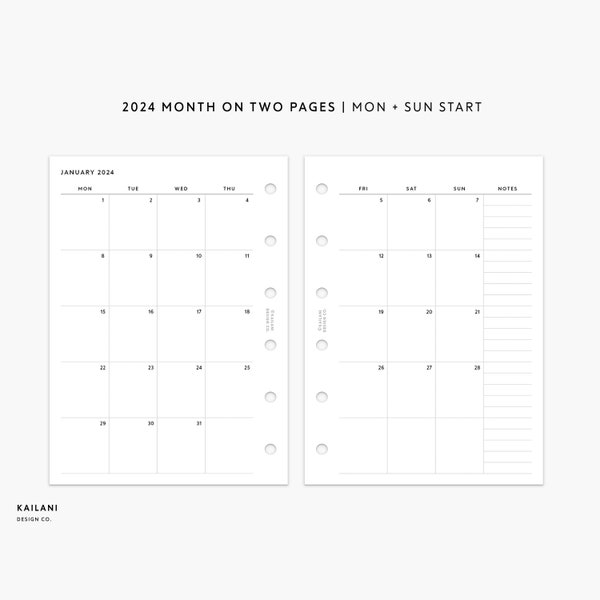 Pocket Monthly Planner Printable, 2024 Monthly, Monat auf zwei Seiten, Filofax Inserts, 2024 Pocket Calendar