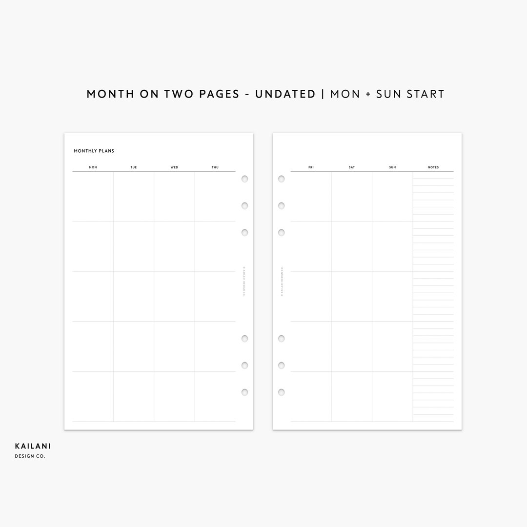 Half Letter Monthly Planner Printable Insert, Month on Two Pages ...