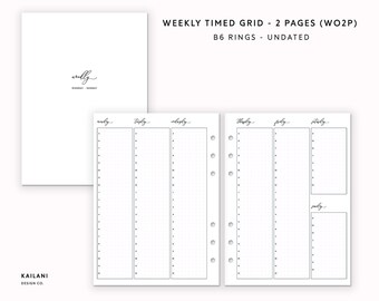 May include: A printable weekly planner with a timed grid layout. The planner is designed for a B6 ring binder and is undated. The planner has a minimalist design with black text on a white background.