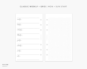 May include: A printable planner page with a weekly schedule on the left and a grid on the right. The text "CLASSIC WEEKLY + GRID | MON + SUN START" is at the top of the page.