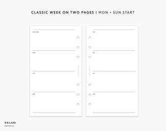 May include: A white planner insert with a classic week layout, featuring two pages with Monday to Sunday. The top of the insert reads "CLASSIC WEEK ON TWO PAGES | MON + SUN START". The bottom left corner has the text "KAILANI DESIGN CO."