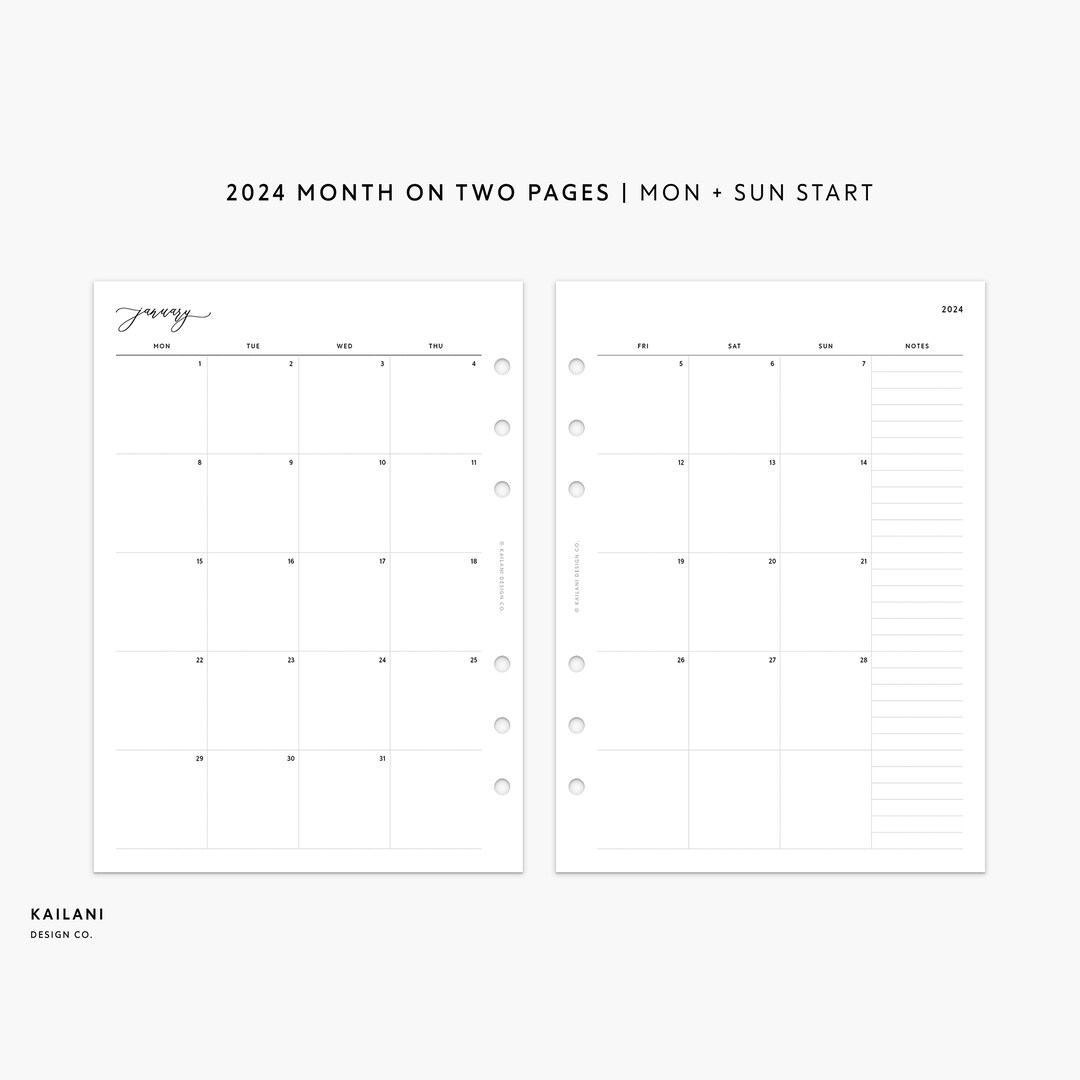B6 2024 Monthly Insert Printable, 2024 Dated Insert, Month on Two Pages ...