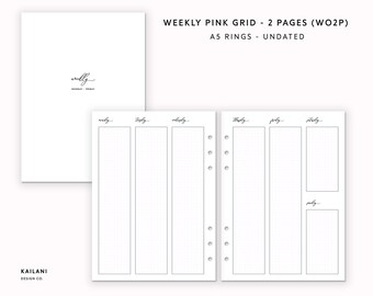 A5 Weekly Planner Inserts, Pink Grid, Undated (PDF Pattern)