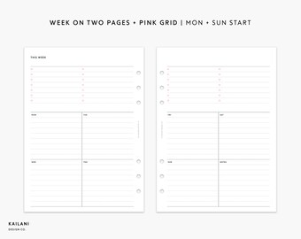 May include: A printable planner page with a pink grid layout. The page is divided into sections for each day of the week, starting with Monday and ending with Sunday. The page also includes a section for notes. The text "THIS WEEK" is at the top of the page. The text "WEEK ON TWO PAGES + PINK GRID | MON + SUN START" is at the top of the page.