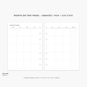 Pocket UNDATED Monthly Planner Printable, Undated Monthly, Month on Two Pages, Filofax Inserts