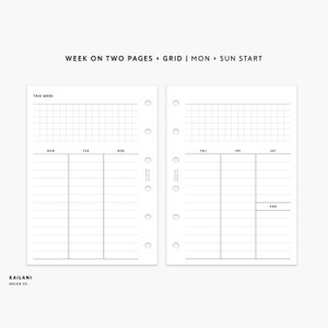 Pocket Rings Inserts, Week on Two Pages, WO2P, Undated Weekly, Weekly Agenda, Printable Weekly Planner, Minimalist, Pocket Inserts Printable