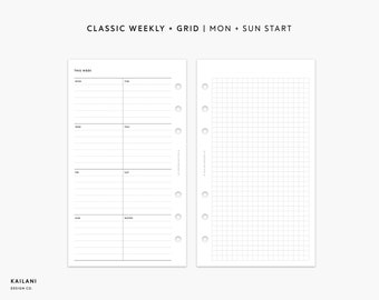 May include: A black and white printable planner page with a weekly schedule on the left and a grid on the right. The text "CLASSIC WEEKLY + GRID | MON - SUN START" is at the top of the page. The text "THIS WEEK" is at the top of the weekly schedule. The days of the week are listed in the weekly schedule: MON, TUE, WED, THU, FRI, SAT, SUN. The text "NOTES" is at the bottom of the weekly schedule.