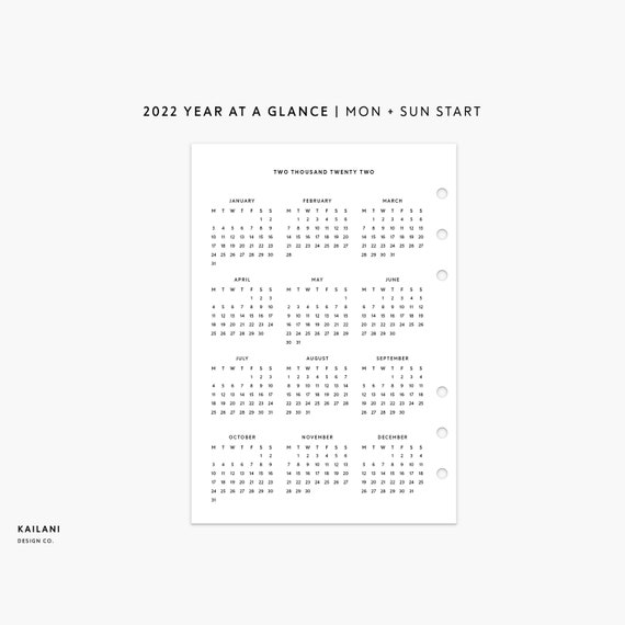 2022 calendar printable 2022 year at a glance year on 1 etsy