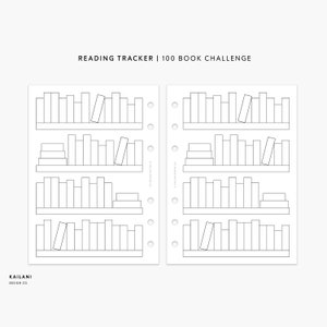 May include: Black and white printable reading tracker with a bookshelf design. The tracker is divided into four sections, each with a bookshelf that has 10 spaces for books. The text "READING TRACKER | 100 BOOK CHALLENGE" is at the top of the page. The text "KAILANI DESIGN CO." is at the bottom of the page.