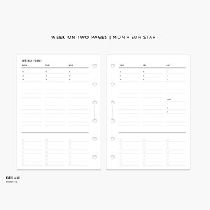 Pocket Rings Inserts, Week on Two Pages, WO2P, Undated Weekly, Weekly Agenda, Printable Weekly Planner, Minimalist, Pocket Inserts Printable