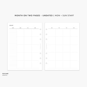 B6 UNDATED Monthly Insert Printable, UNDATED Month on Two Pages, B6 Rings planner, B6 LINED