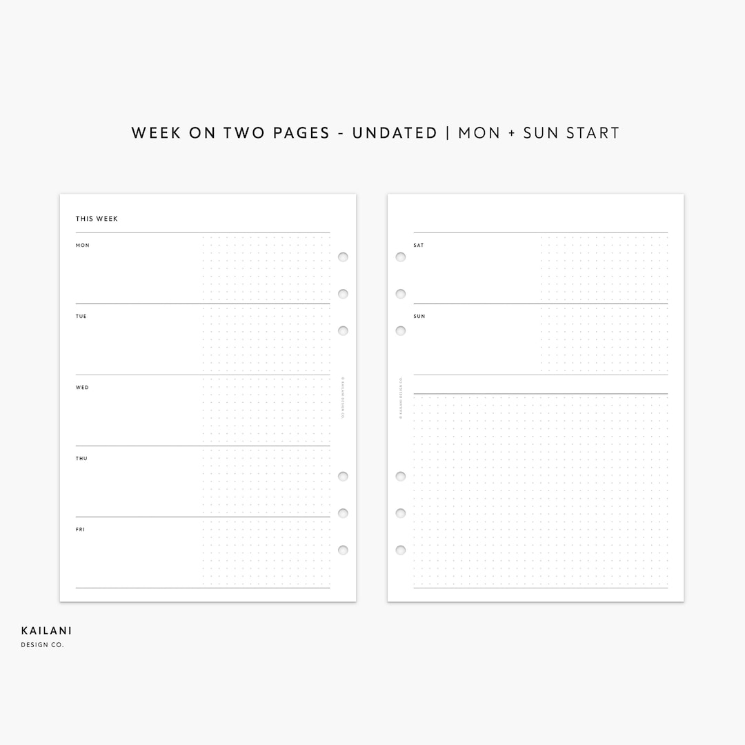 A5 Undated Weekly Planner Printable Inserts, Week on Two Pages (digital ...