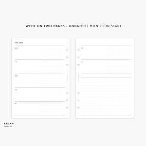 A5 Undated Weekly Planner Printable Planner Inserts, Week on Two Pages, WO2P, Undated Weekly, Weekly Agenda, A5 Dot Grid