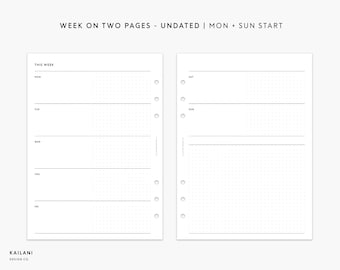 A5 Undated Weekly Planner Printable Inserts, Week on Two Pages (Digital Download)