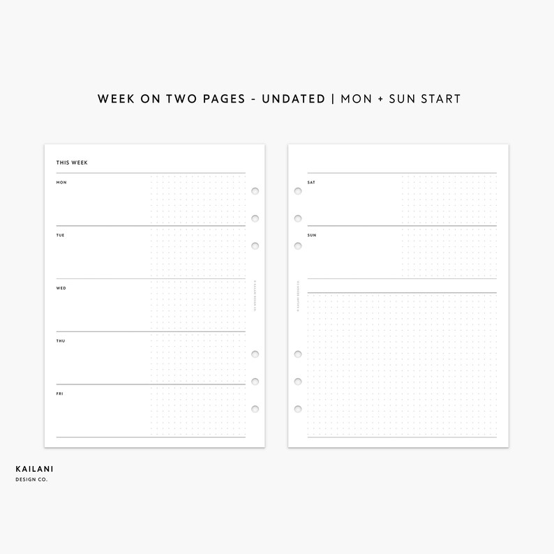 A5 Undated Weekly Planner Printable Inserts, Week on Two Pages (digital ...
