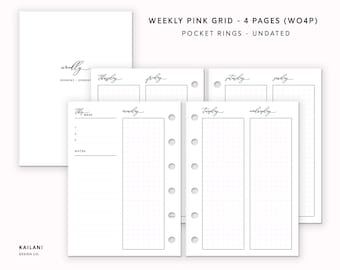Pocket Rings Weekly Planner Inserts, Pink Grid (Digital Download)