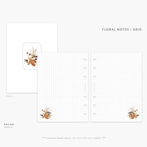 May include: A set of printable floral grid notebook pages. The pages feature a watercolor floral design in shades of orange, yellow, and brown. The pages are designed for use in a standard 6-ring binder.