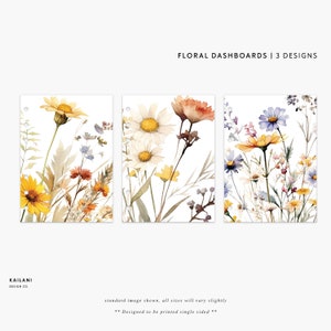 Könnte beinhalten: Drei Blumenmuster mit Aquarell-Illustrationen verschiedener Blumen, darunter Gänseblümchen, Wildblumen und andere Blüten. Die Designs sind auf weißem Hintergrund und eignen sich perfekt für die Verwendung als Dashboards oder Planer.