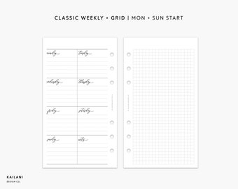 May include: A printable planner page with a weekly schedule on the left and a grid on the right. The weekly schedule is divided into seven days, with space for writing tasks and appointments. The grid is for note-taking or sketching.