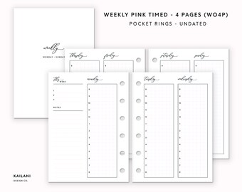 Pocket Rings Weekly Planner Inserts, Timed Pink Grid (Digital Download)