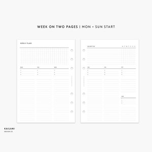 Personal Wide Undated Weekly Planner Inserts, Week on Two Pages, WO2P, Weekly Agenda, Weekly Planner Printable, Undated Weekly