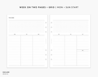 Könnte beinhalten: Eine schwarz-weiße druckbare Planerseite mit einem Rasterlayout. Die Seite ist in sieben Spalten unterteilt, eine für jeden Tag der Woche, beginnend mit Montag und endend mit Sonntag. Die Seite ist mit "Diese Woche" und "Woche auf zwei Seiten - Raster | Mo + So Start" beschriftet.