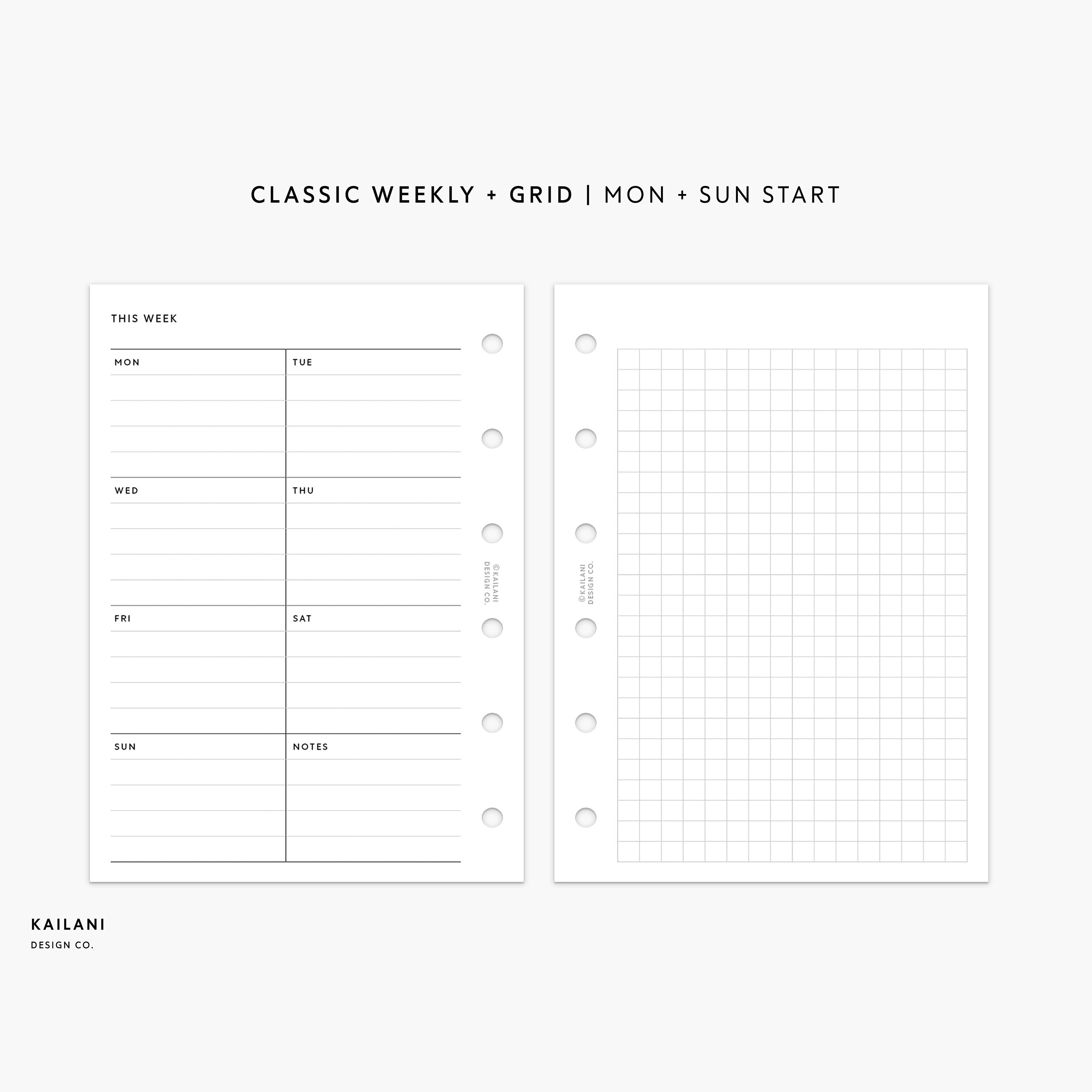 Pocket Rings Inserts, Week on One Page, Weekly Grid (digital Download ...