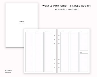 A5 Weekly Planner Inserts, Pink Grid, Undated (PDF Pattern)