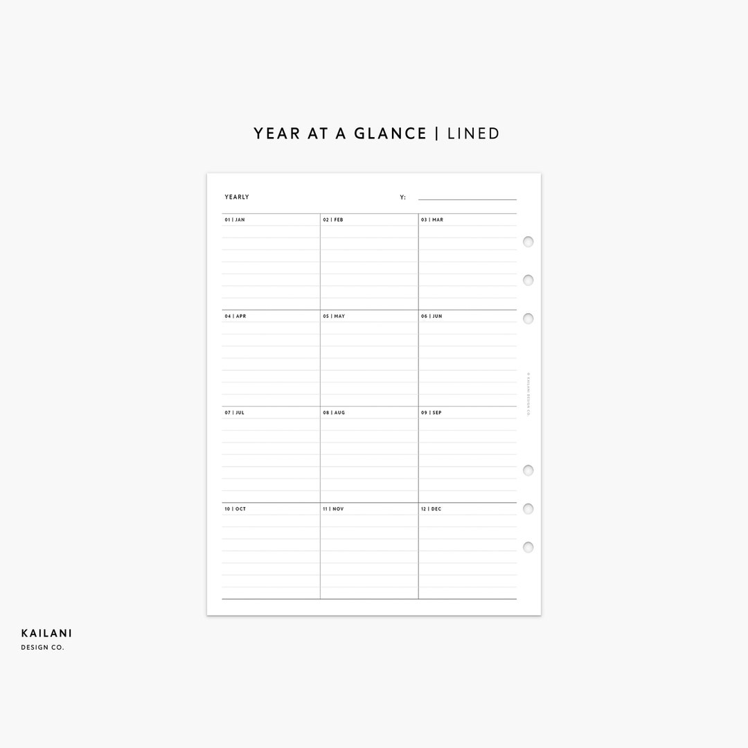 A5 Wide Rings Year at A Glance Insert Printable Inserts - Etsy Canada