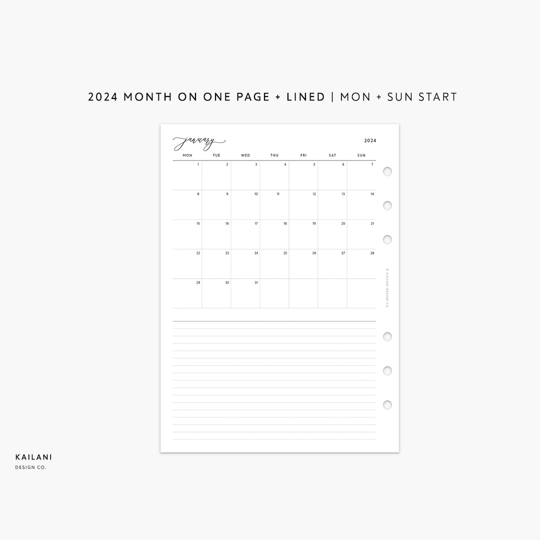 B6 2024 Monthly Insert Printable, 2024 Dated Insert, Month on One Page ...