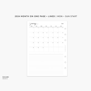 B6 2024 Monthly Insert Printable, 2024 Dated Insert, Month on One Page, B6 Rings, B6 Grid, 2024 Calendar