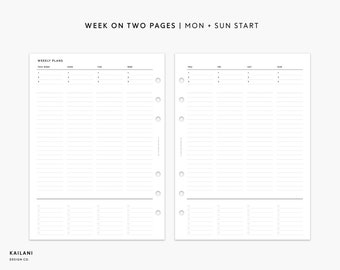 A5 Undated Weekly Planner Inserts, Week on Two Pages (PDF Pattern)