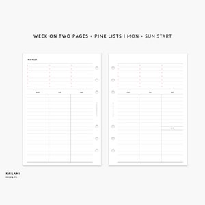 Personal Wide Undated Weekly Planner Inserts, Week on Two Pages, WO2P, Weekly Agenda, Weekly Planner Printable, Undated Weekly, LISTS