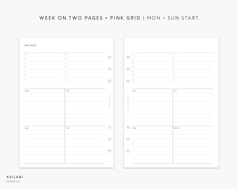 May include: A printable planner page with a pink grid layout. The page is divided into sections for each day of the week, starting with Monday and ending with Sunday. The page also includes a section for notes. The text "THIS WEEK" is at the top of the page. The text "WEEK ON TWO PAGES + PINK GRID | MON + SUN START" is at the top of the page.