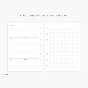 Undated Weekly Planner A6 Inserts, Week on One Page, WO1P, WO2P, A6 Vertical Weekly, Agenda Weekly Planner, Weekly Template, Weekly A6 GRID