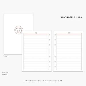 May include: A printable planner cover and two lined pages with a pink bow design. The text "BOW NOTES | LINED" is at the top of the page.