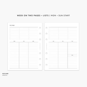 Puede incluir: Un inserto de planificador minimalista con fondo blanco. El diseño presenta un diseño semanal con dos páginas, que incluye listas y un inicio de lunes a domingo. El texto "WEEK ON TWO PAGES + LISTS | MON + SUN START" está en la parte superior.