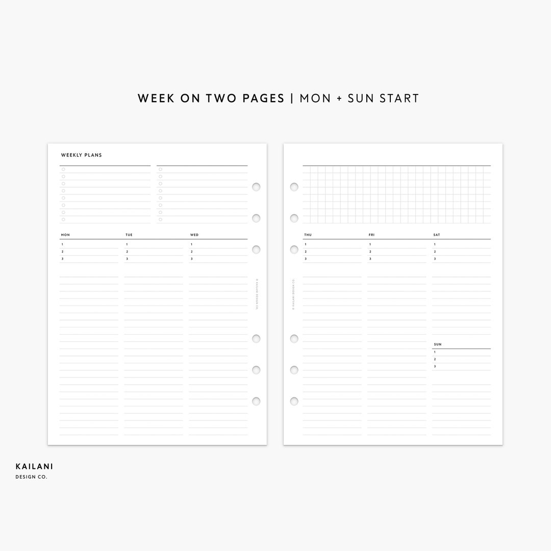 A5 Undated Weekly Planner Printable Planner Inserts, Week on Two Pages ...