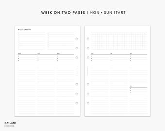 A5 Undated Weekly Planner Inserts, Week on Two Pages (PDF Printable)