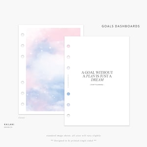 Könnte beinhalten: Ein druckbarer Planer-Umschlag mit einem rosa und blauen Aquarellhintergrund mit weißen Sternen. Der Text "A goal without a plan is just a dream - start planning -" befindet sich auf dem Umschlag.