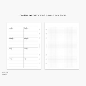 A5 Undated Weekly Planner Printable Planner Inserts, Week on One Page, Week on Two Pages, WO1P, Undated Weekly, A5 Grid