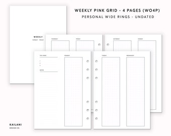 Personal Wide Weekly Planner Inserts, Pink Grid (PDF Pattern)