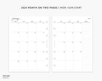 2024 Dated Monthly Planner, A6 Insert Printable, Month on Two Pages, Printable Minimalist, Month on 2 Pages, A6 2024 calendar