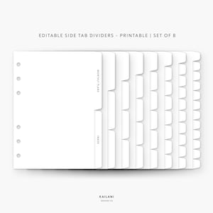 May include: A set of eight printable side tab dividers for a planner or notebook. The dividers are white and have a simple design. The text "MONTHLY PLANS" and "INBOX" are printed on two of the dividers.