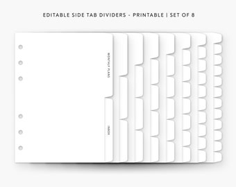 May include: A set of eight printable side tab dividers for a planner or notebook. The dividers are white and have a simple design. The text "MONTHLY PLANS" and "INBOX" are printed on two of the dividers.