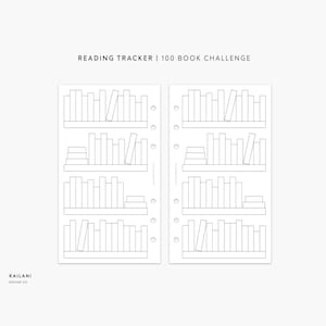 Pode incluir: Rastreador de leitura imprimível em preto e branco com um design de estante. O rastreador é dividido em quatro seções, cada uma com uma estante que pode conter até 20 livros. O texto "READING TRACKER | 100 BOOK CHALLENGE" está no topo da página.