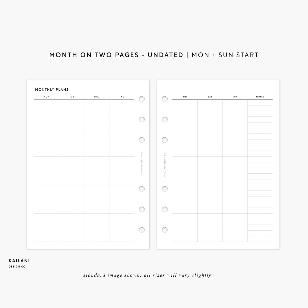B6 UNDATED Monthly Insert Printable, UNDATED Month on Two Pages, B6 ...