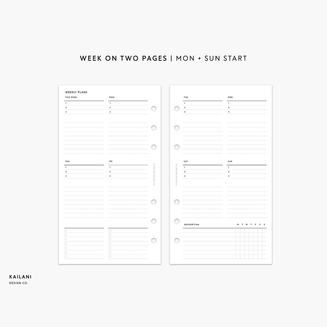 Undated Weekly Planner Inserts, Week on Two Pages (digital Download) - Etsy