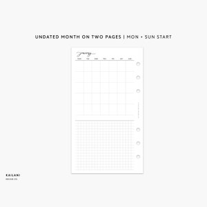 Personal Monthly Planner Inserts, UNDATED Personal Month on One Page, Personal Filofax, Personal Rings printable, Personal MO1P, MON + SUN